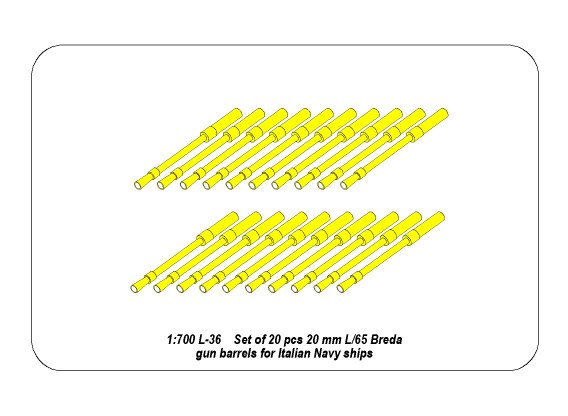 ABR-1:700-L-37  Дополнения для  Set of 20 pcs 20 mm L/65 Breda gun barrels for Italian Navy ships для  1/700