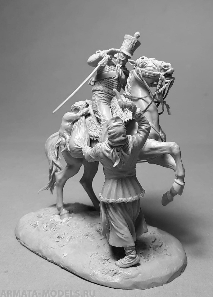 VD-54017(M) Отступление из России, 1812 г.: Французский гусар против русской крестьянки. 54 мм. Материал - белый металл. Chronos Miniatures
