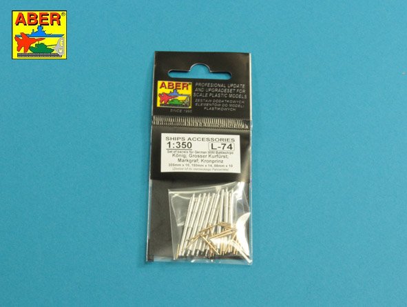 ABR-1:350-L-74  Дополнения для  Barrels set for German WWI Battleships: K?nig; Grosser Kurf?rst; Markgraf; Kronprinz 305mm x 10, 150mm x 14, 88mm x 10 для  1/350