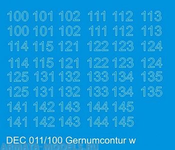 DEC011/100 Контурные номера на немецкую технику масштаб 1/100 с 100 по 400. Цвет – белый контур